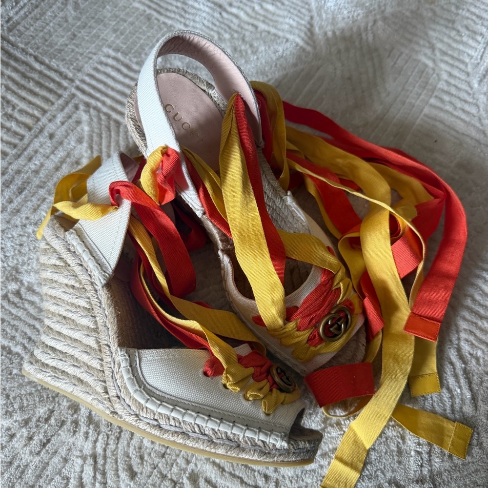 Gucci GG Lace Up Heels Wedge Espadrilles